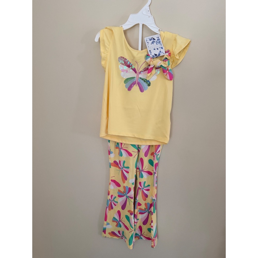 Btween Girls Yellow Butterfly Sequin Top and Flare Leggings Set Size 4 NWT